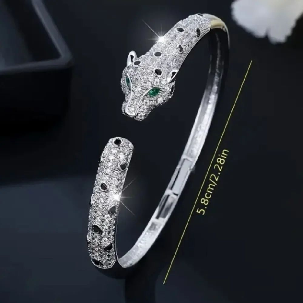 Elegant Silver Diamond Leopard Head Bangle Bracelet - Picture 3 of 6